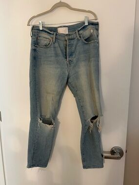 MOTHER Light Blue Slim Straight Distressed Jeans